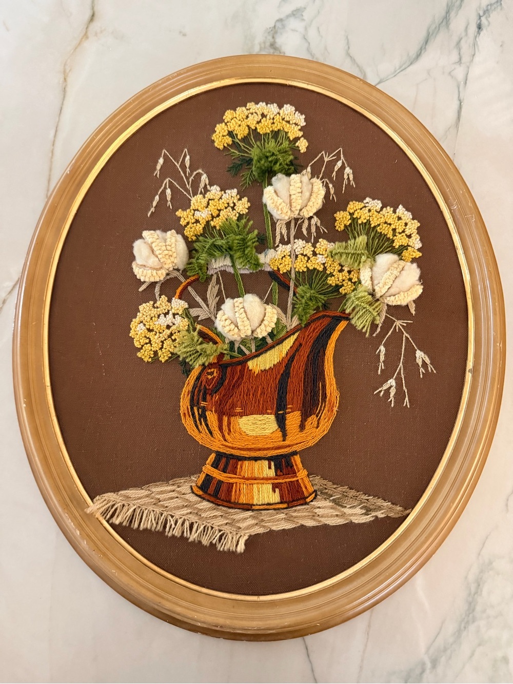 Vintage MCM Crewel Embroidery Large Framed Flowers Oval Traditional Handmade 22”